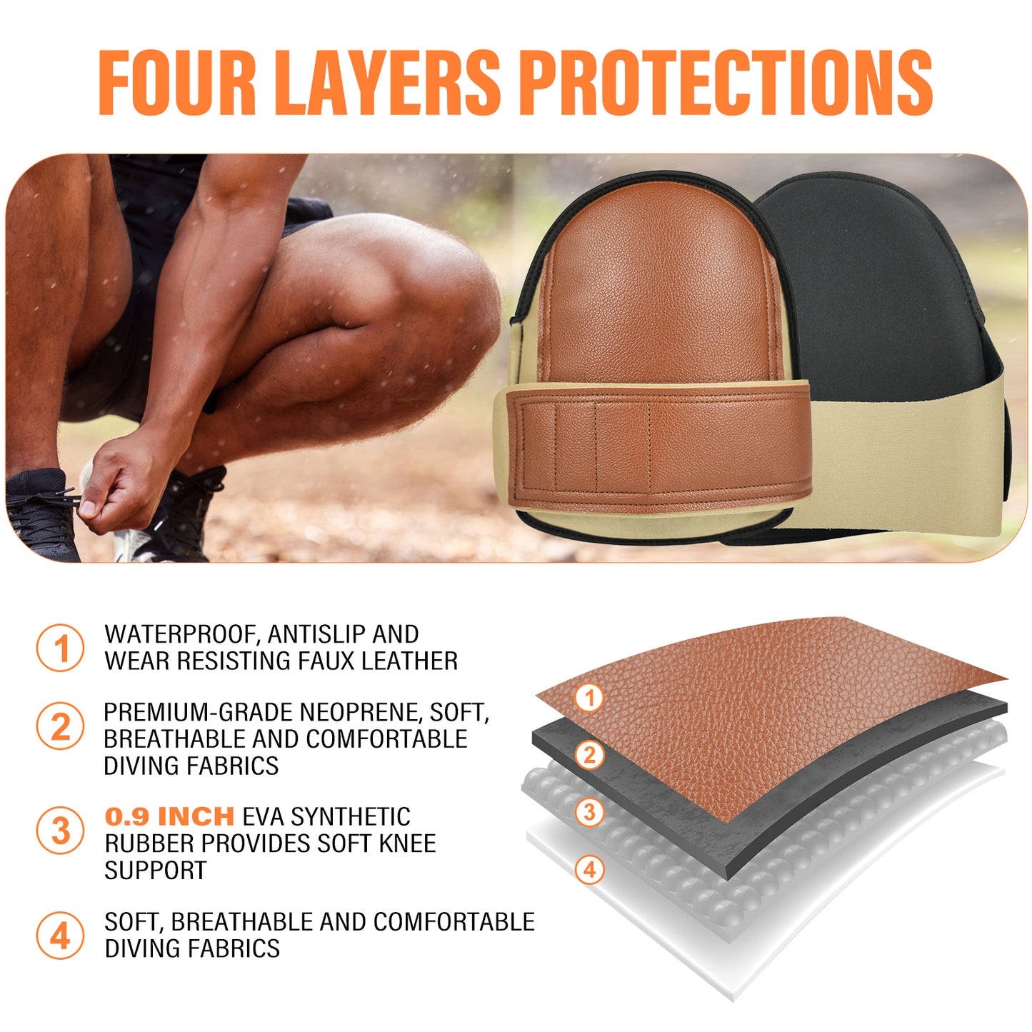 Safety Knee Pads for Work Super Soft Leather Knee Protector For Construction, Garden, Clean, Floor and Garage, Large Size in Pairs (Dark Khaki)