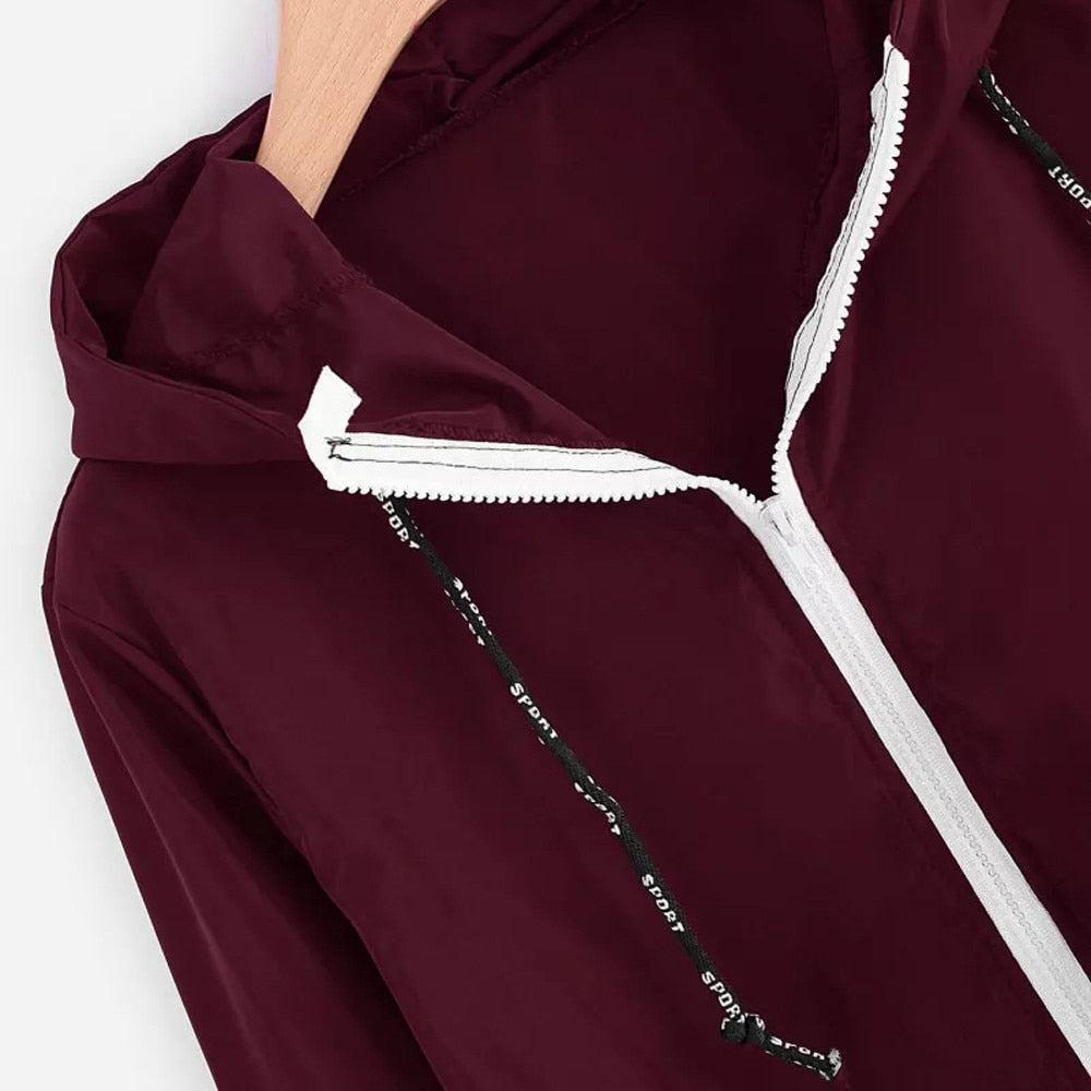 Women Long Sleeve Hooded Zipper Pockets Windbreaker Jacket - CTHOPER