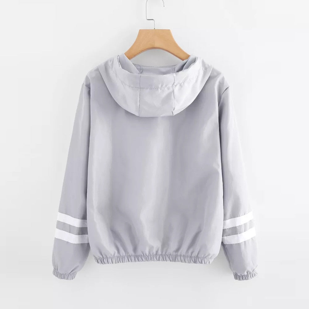 Women Long Sleeve Hooded Zipper Pockets Windbreaker Jacket - CTHOPER