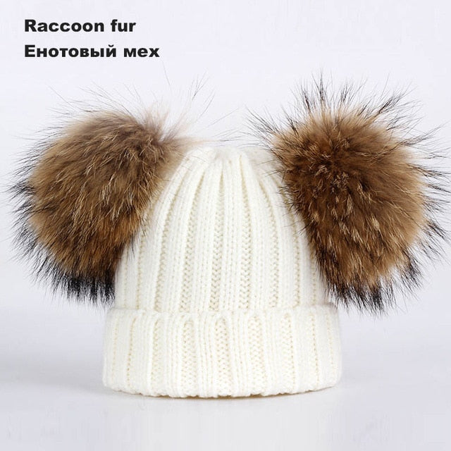 Kids Winter Two Raccoon Fur pom poms Knit Beanie Hats - CTHOPER