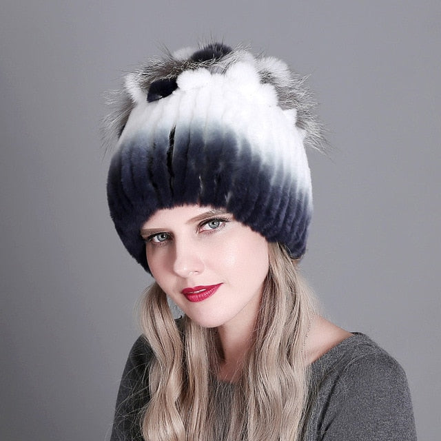 Women Winter Natural Rex Rabbit Fox Fur Cap - CTHOPER