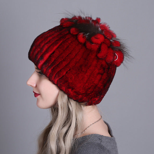 Women Winter Natural Rex Rabbit Fox Fur Cap - CTHOPER