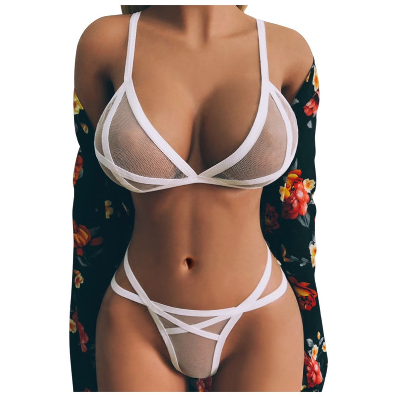 Women's Sexy Bralette Mesh Lingerie Set with Wire-Free Cups - Erotic Bikini Underwear and Porno-Inspired Design