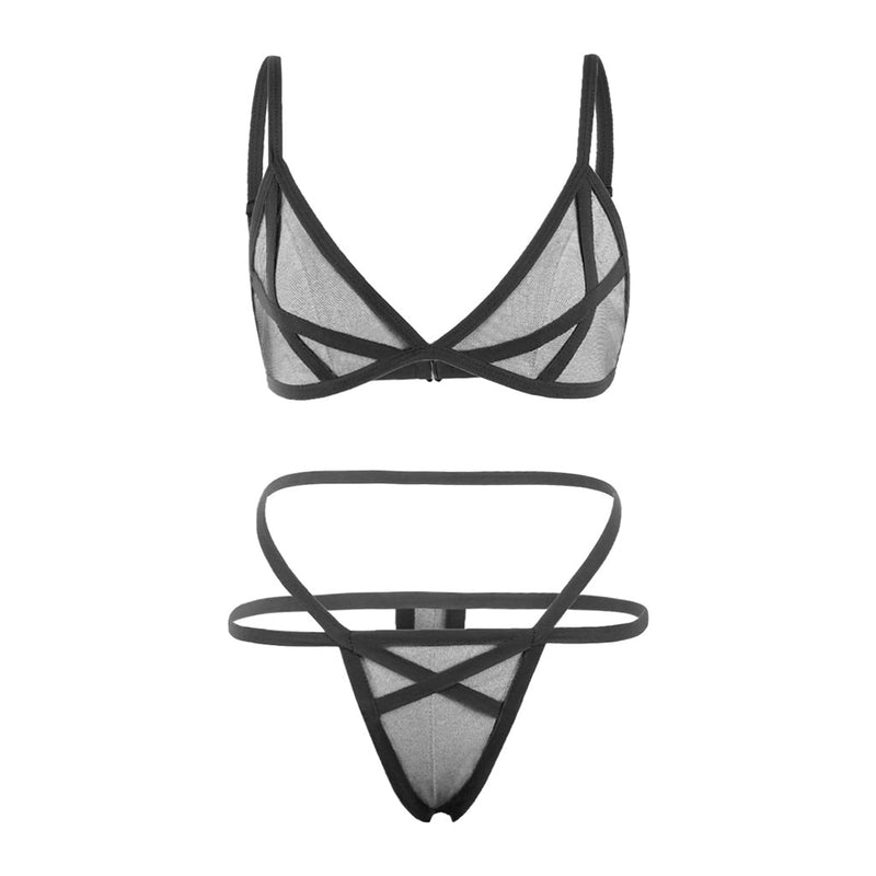 Women's Sexy Bralette Mesh Lingerie Set with Wire-Free Cups - Erotic Bikini Underwear and Porno-Inspired Design