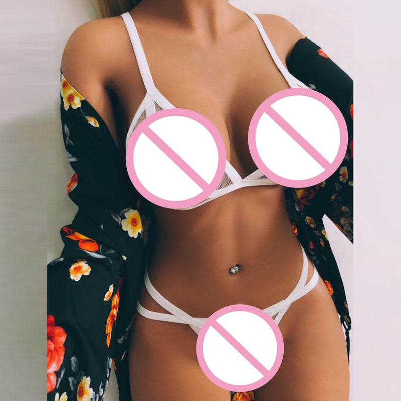 Women's Sexy Bralette Mesh Lingerie Set with Wire-Free Cups - Erotic Bikini Underwear and Porno-Inspired Design