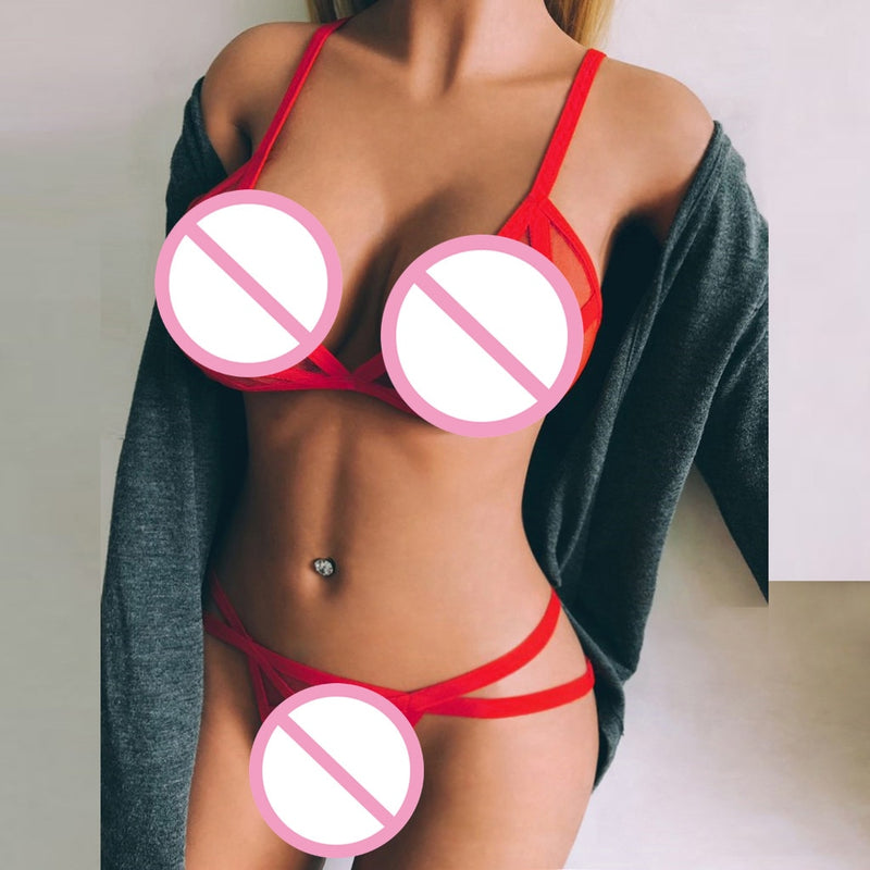 Women's Sexy Bralette Mesh Lingerie Set with Wire-Free Cups - Erotic Bikini Underwear and Porno-Inspired Design