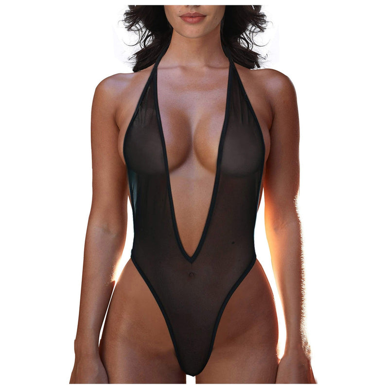 Sheer Deep V Lace One Piece Swimsuit Sexy See-Through Swimwear for Women 2023