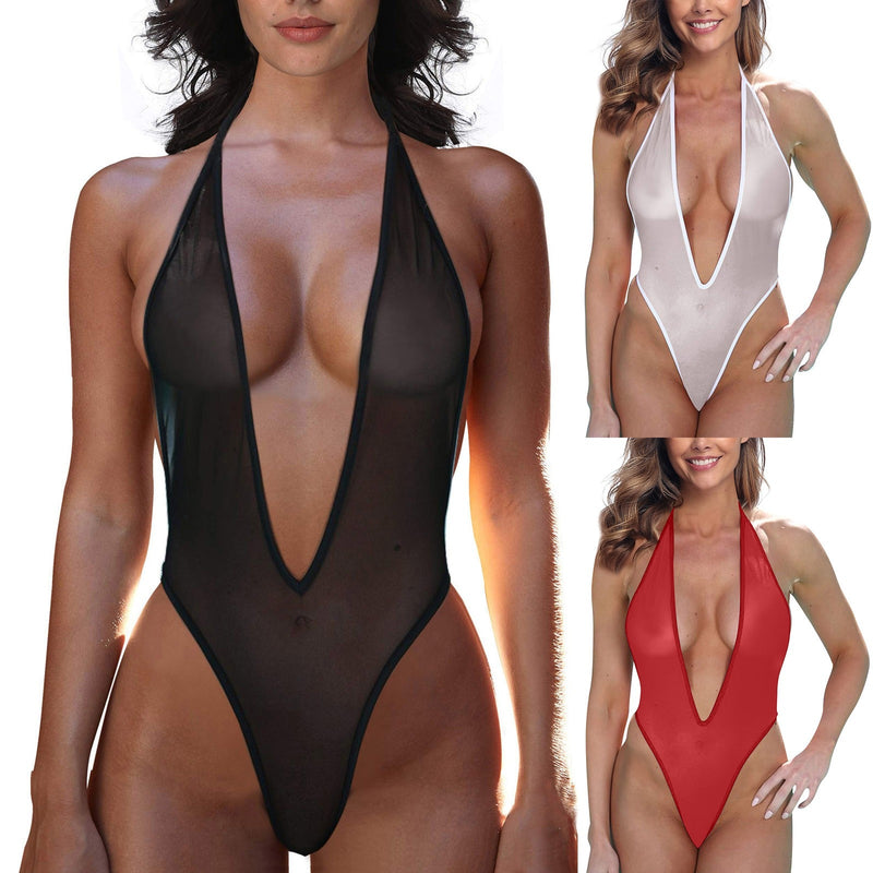 Sheer Deep V Lace One Piece Swimsuit Sexy See-Through Swimwear for Women 2023