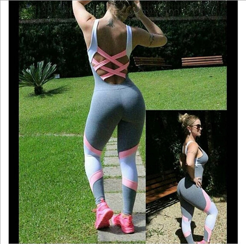 Women Gym Exercise Jumpsuit + Running Sportswear Soft Yoga Leggings - CTHOPER