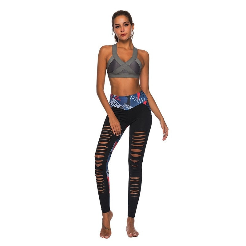 Women Fitness Sexy Hollow Out Printed Leggings - CTHOPER