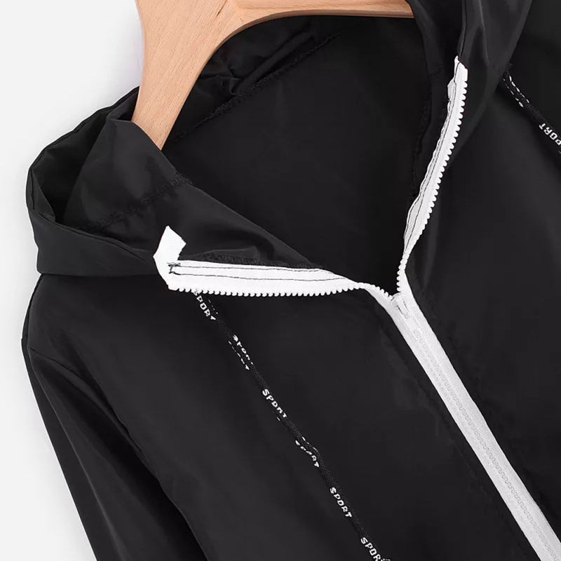 Women Long Sleeve Hooded Zipper Pockets Windbreaker Jacket - CTHOPER