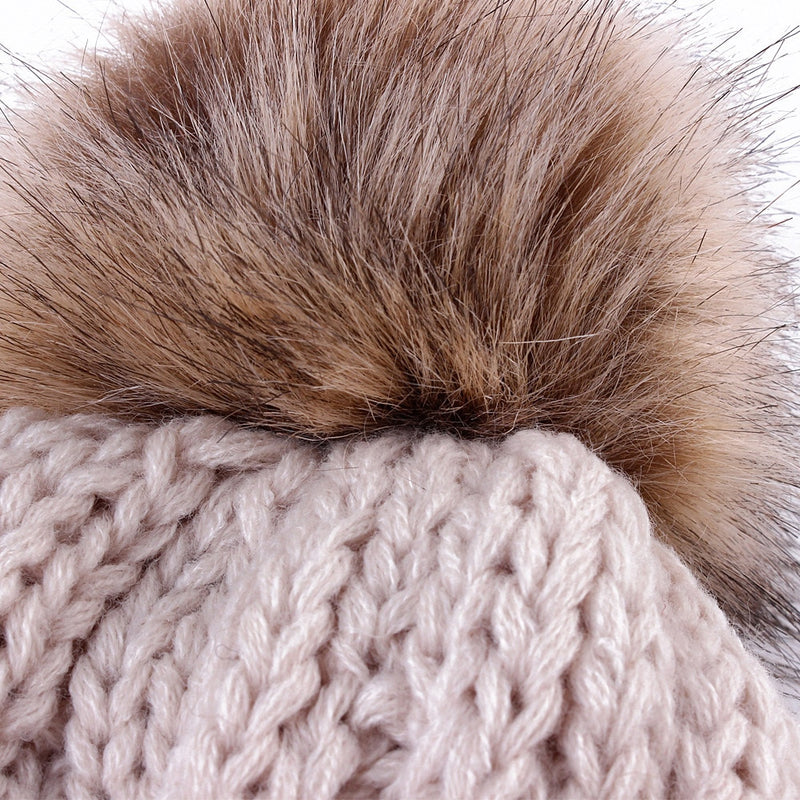 2Pcs Mom Baby Fur Pompom Warm Winter Crochet Knit Wool Solid Color Beanie Caps - CTHOPER