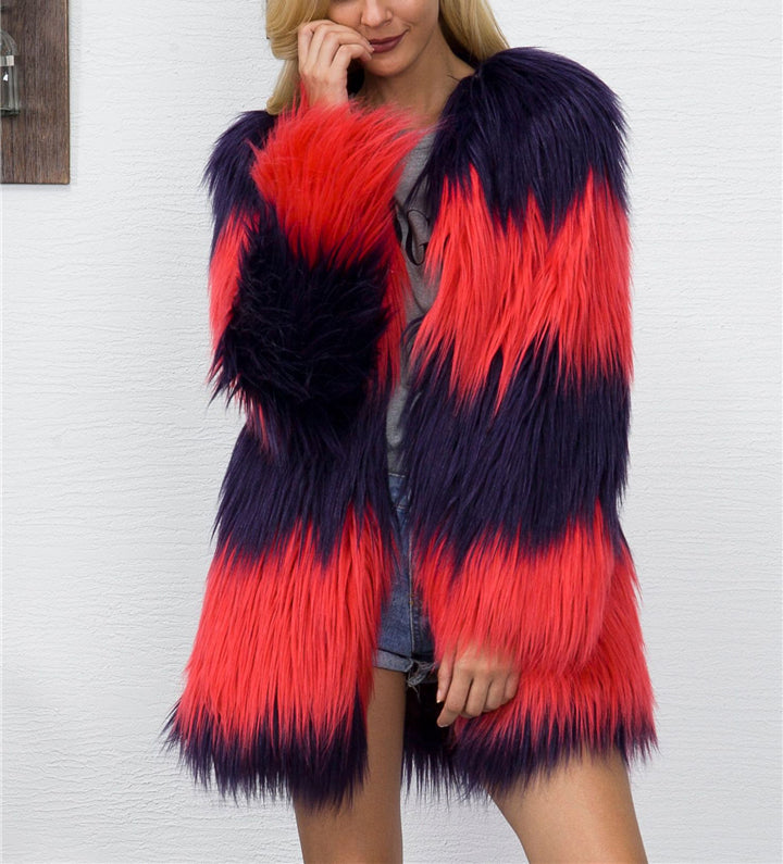 Women Long Patchwork Vintage Faux Fur Coat - CTHOPER