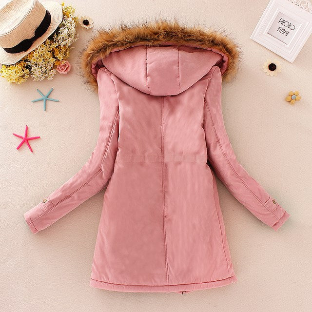 2019 Women's Winter Hooded Fur Collar Waist And Velvet Thick Warm Long Cotton Jacket Coat - CTHOPER