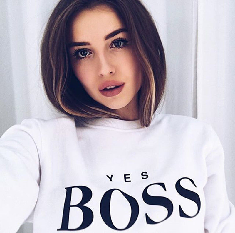 Womens "Yes Boss" Letter Printed Long Sleeve O Neck Hoodie Sweatshirt - CTHOPER
