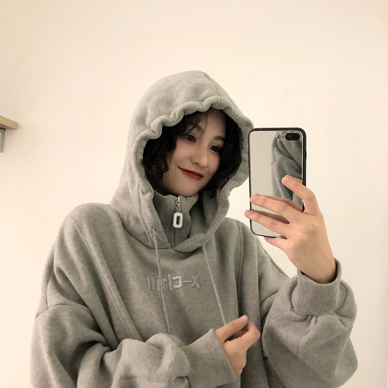 Women Hooded Plus Velvet Thicker Long Sleeve Oversize Letter Embroidered Hoodie - CTHOPER