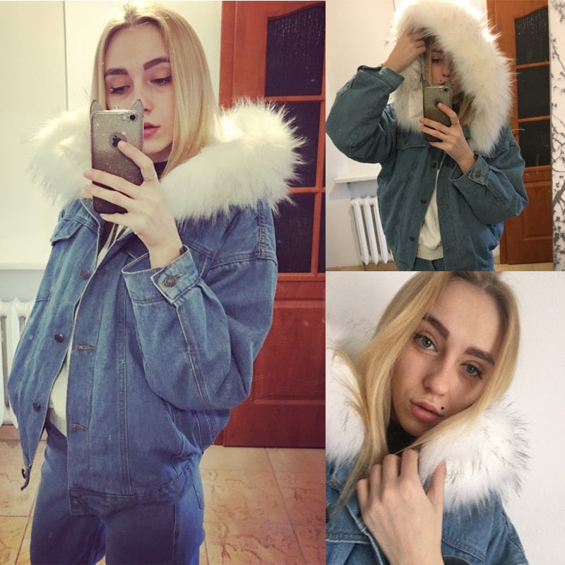 Women's Winter Bomber Hooded Windbreaker Coat Denim Jackets - CTHOPER