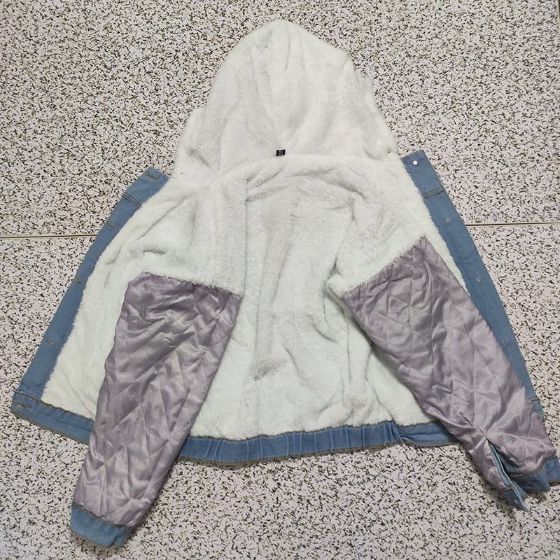 Women's Winter Bomber Hooded Windbreaker Coat Denim Jackets - CTHOPER