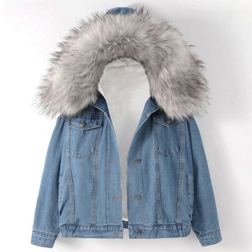 Women's Winter Bomber Hooded Windbreaker Coat Denim Jackets - CTHOPER