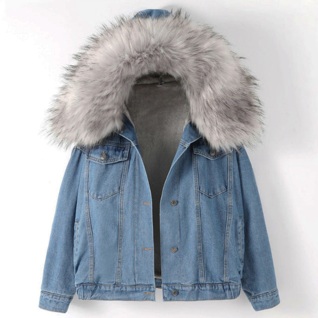 Women's Winter Bomber Hooded Windbreaker Coat Denim Jackets - CTHOPER