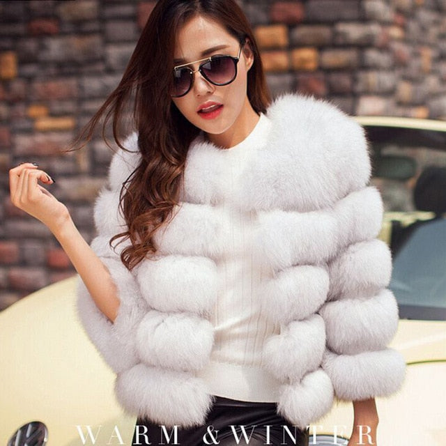 Women Winter Plus Size Faux Fox Fur Overcoat Jacket Coat - CTHOPER