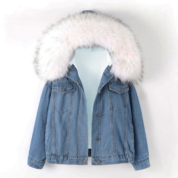 Women's Winter Bomber Hooded Windbreaker Coat Denim Jackets - CTHOPER