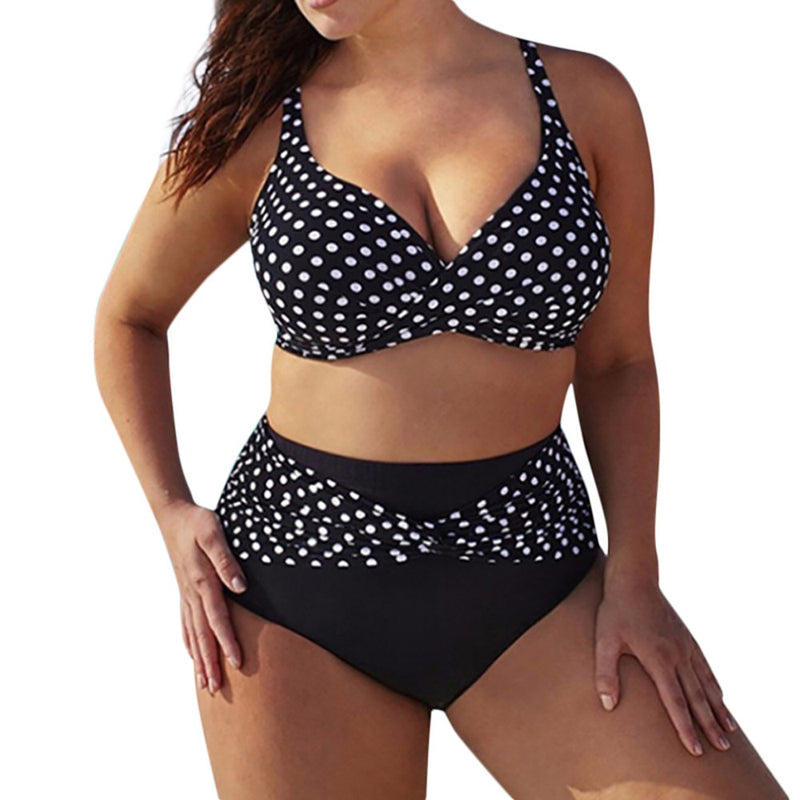 Summer Women Bikini Plus Size Polka Dot Split Swimsuit Set Two Piece Swimwear Beach Suit Black Wild Bikini Talla Grande#Y1