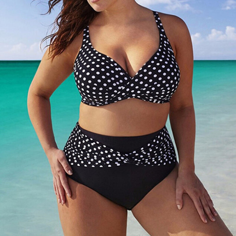 Summer Women Bikini Plus Size Polka Dot Split Swimsuit Set Two Piece Swimwear Beach Suit Black Wild Bikini Talla Grande#Y1