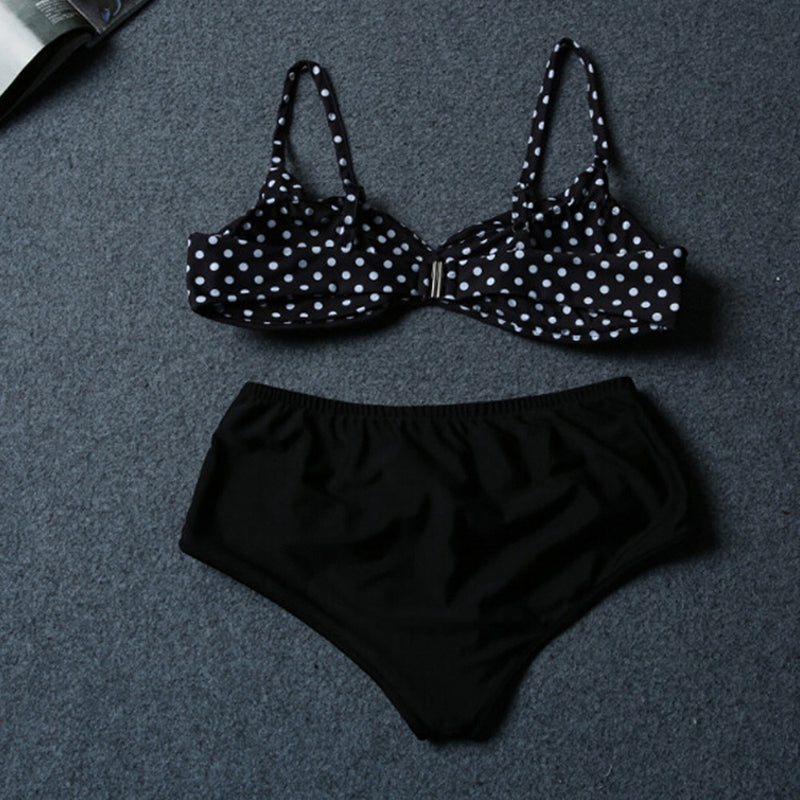 Summer Women Bikini Plus Size Polka Dot Split Swimsuit Set Two Piece Swimwear Beach Suit Black Wild Bikini Talla Grande#Y1