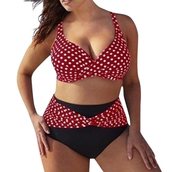 Summer Women Bikini Plus Size Polka Dot Split Swimsuit Set Two Piece Swimwear Beach Suit Black Wild Bikini Talla Grande#Y1