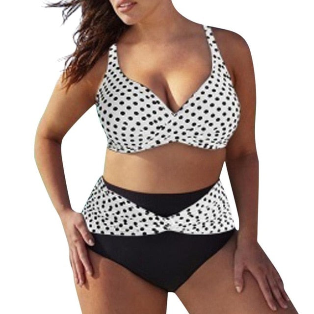 Summer Women Bikini Plus Size Polka Dot Split Swimsuit Set Two Piece Swimwear Beach Suit Black Wild Bikini Talla Grande#Y1