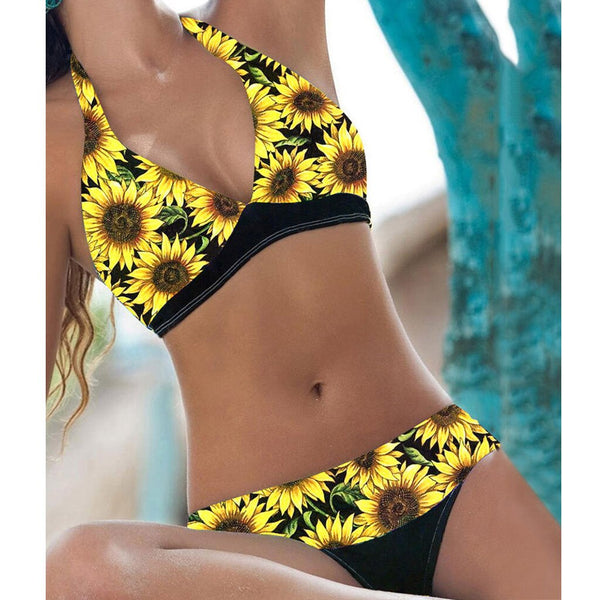 Women's Bikini Summer Fashion Sunflower Print Sexy V-neck Tube Top Halter Halter Halter High Waist Hip Bikini Two-piece Set D9#