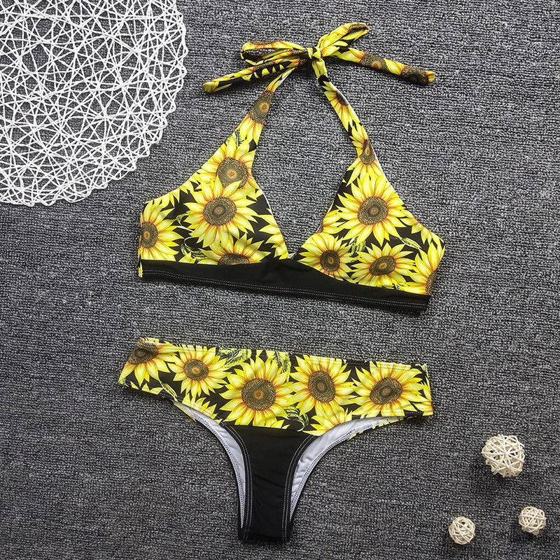 Women's Bikini Summer Fashion Sunflower Print Sexy V-neck Tube Top Halter Halter Halter High Waist Hip Bikini Two-piece Set D9#