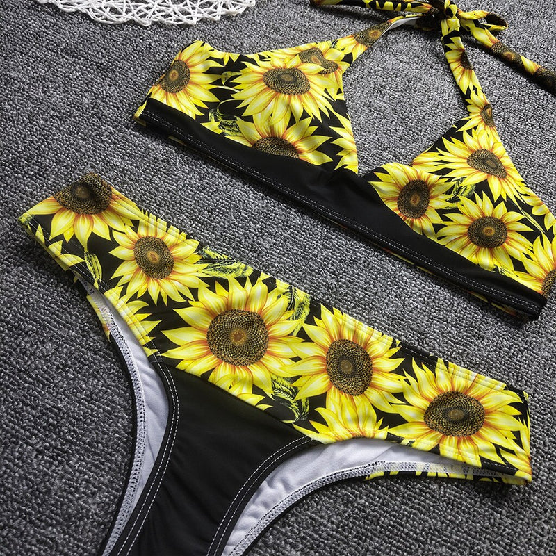 Women's Bikini Summer Fashion Sunflower Print Sexy V-neck Tube Top Halter Halter Halter High Waist Hip Bikini Two-piece Set D9#