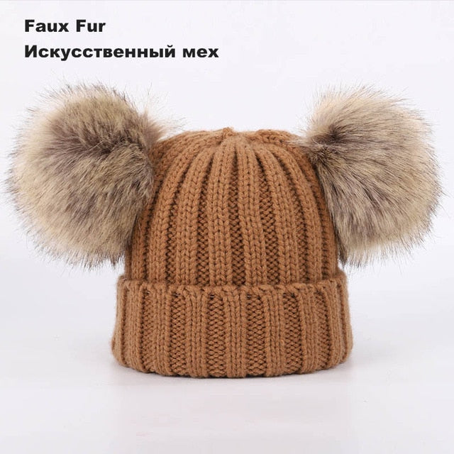 Kids Winter Two Raccoon Fur pom poms Knit Beanie Hats - CTHOPER