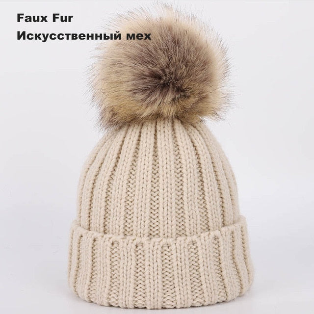 Kids Winter Two Raccoon Fur pom poms Knit Beanie Hats - CTHOPER