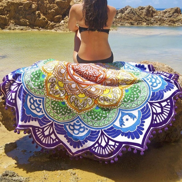 Multifunctional Indian Tapestry With Tassel Lotus Printed Beach Towel - CTHOPER