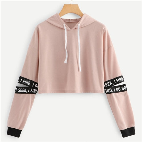 Women Pink Letter Drawstring Cut Out Sleeve Crop Hoodie Sweatshirt - CTHOPER