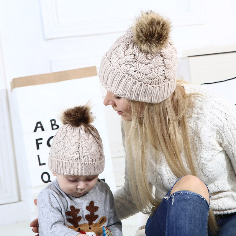 2Pcs Mom Baby Fur Pompom Warm Winter Crochet Knit Wool Solid Color Beanie Caps - CTHOPER