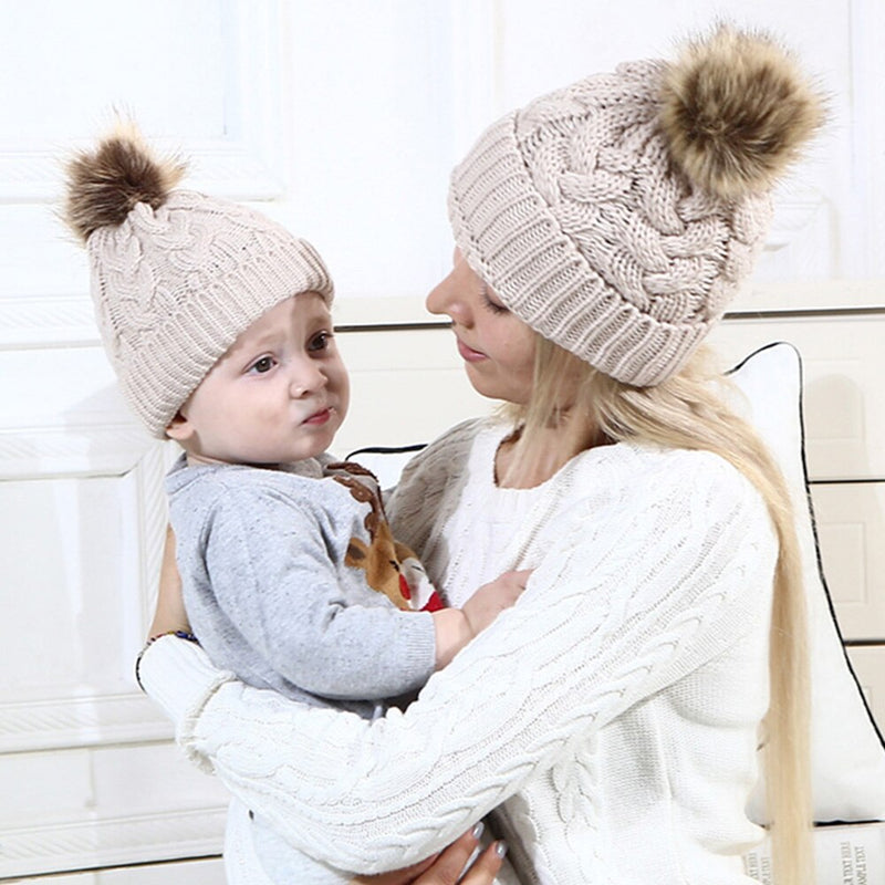 2Pcs Mom Baby Fur Pompom Warm Winter Crochet Knit Wool Solid Color Beanie Caps - CTHOPER