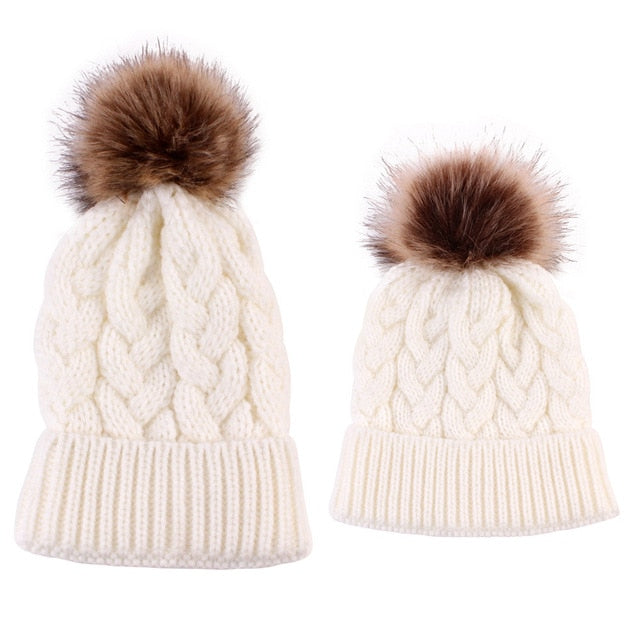 2Pcs Mom Baby Fur Pompom Warm Winter Crochet Knit Wool Solid Color Beanie Caps - CTHOPER