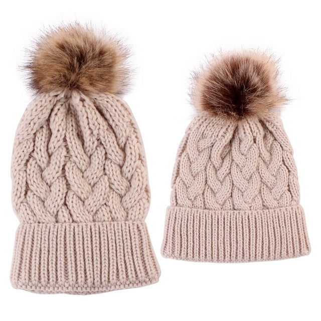 2Pcs Mom Baby Fur Pompom Warm Winter Crochet Knit Wool Solid Color Beanie Caps - CTHOPER