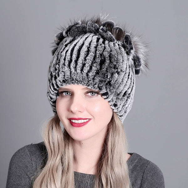 Women Winter Natural Rex Rabbit Fox Fur Cap - CTHOPER