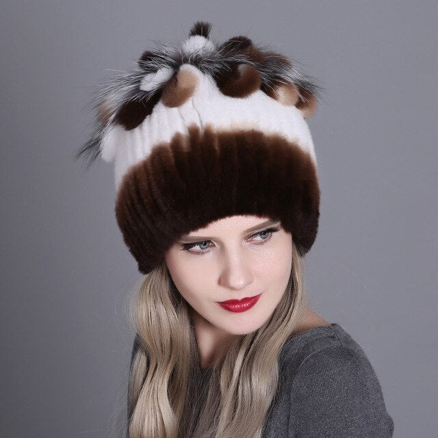 Women Winter Natural Rex Rabbit Fox Fur Cap - CTHOPER