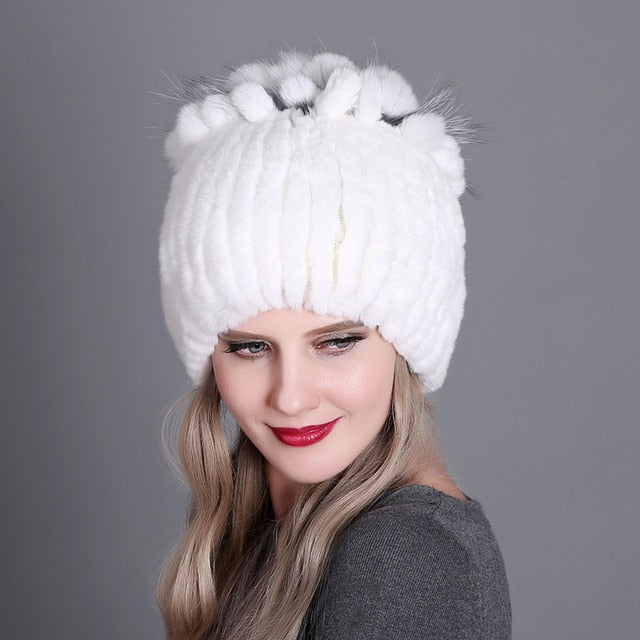 Women Winter Natural Rex Rabbit Fox Fur Cap - CTHOPER