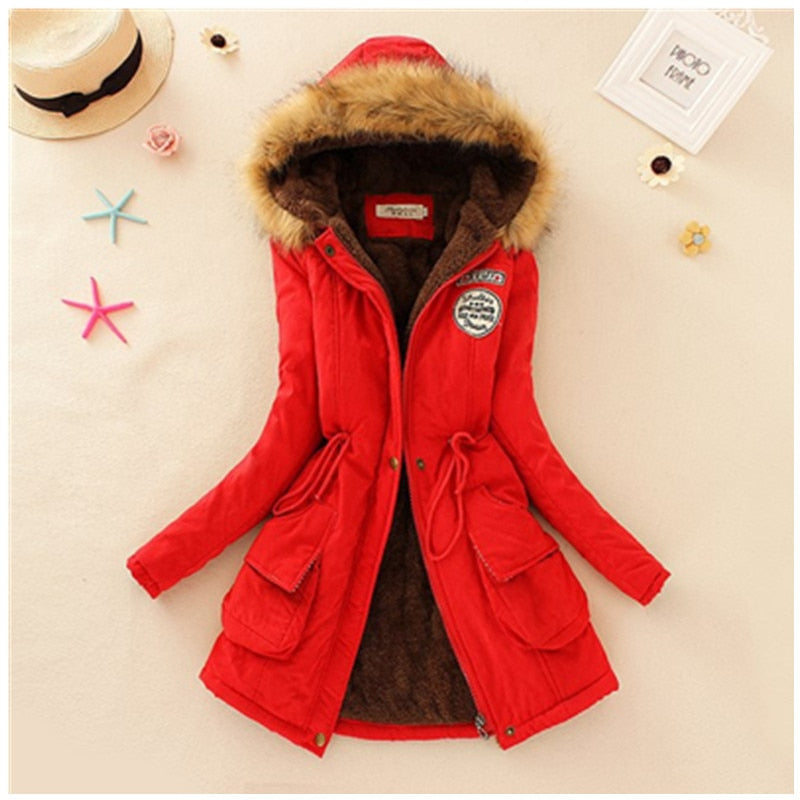 2019 Women's Winter Hooded Fur Collar Waist And Velvet Thick Warm Long Cotton Jacket Coat - CTHOPER