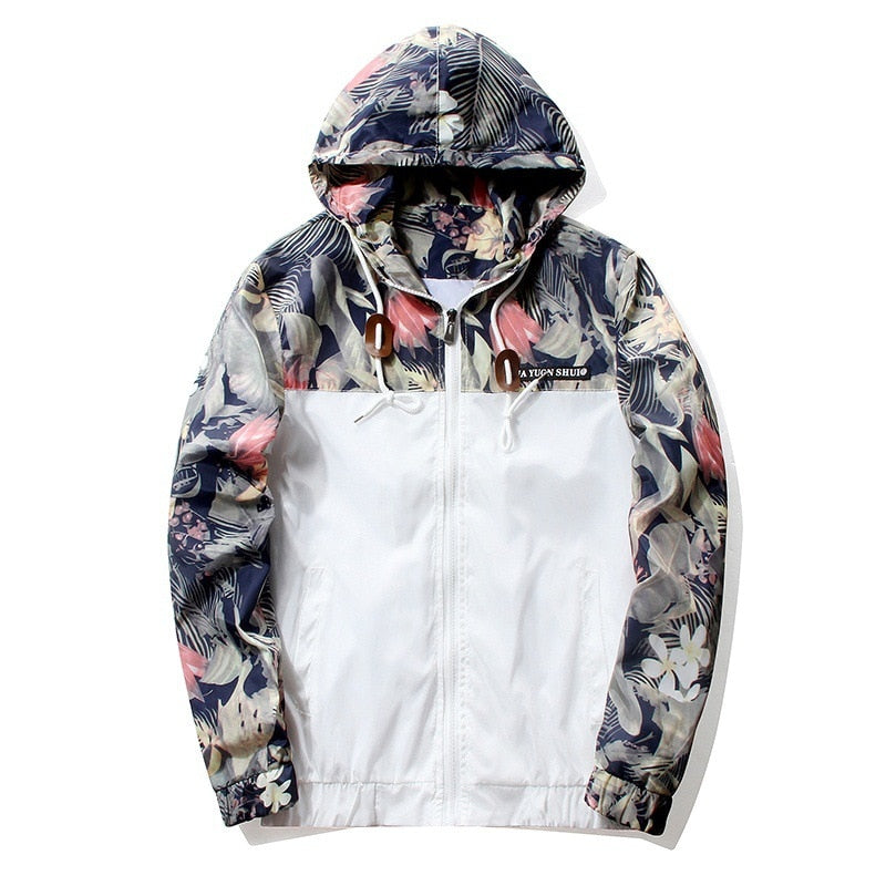 Mens Hooded Slim Fit Floral  Long Sleeve Homme Windbreaker Jacket Coat - CTHOPER