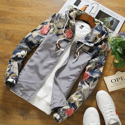 Mens Hooded Slim Fit Floral  Long Sleeve Homme Windbreaker Jacket Coat - CTHOPER