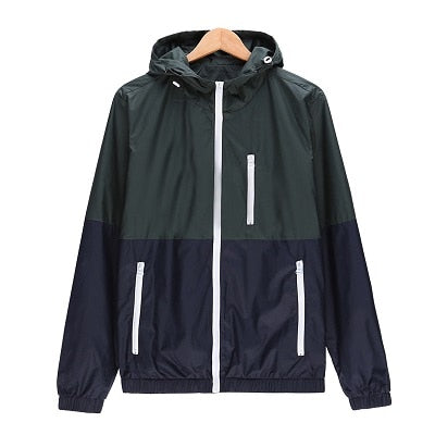 Men Hooded Contrast Color Zipper up Lightweight Windbreaker Jacket - CTHOPER