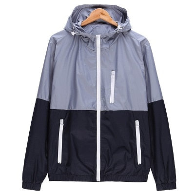 Men Hooded Contrast Color Zipper up Lightweight Windbreaker Jacket - CTHOPER